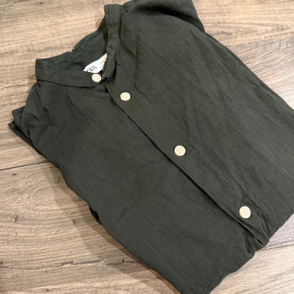 Zara Dark Green Mandarin‎ Collar 100% Cotton Crinkle Texture Shirt XL